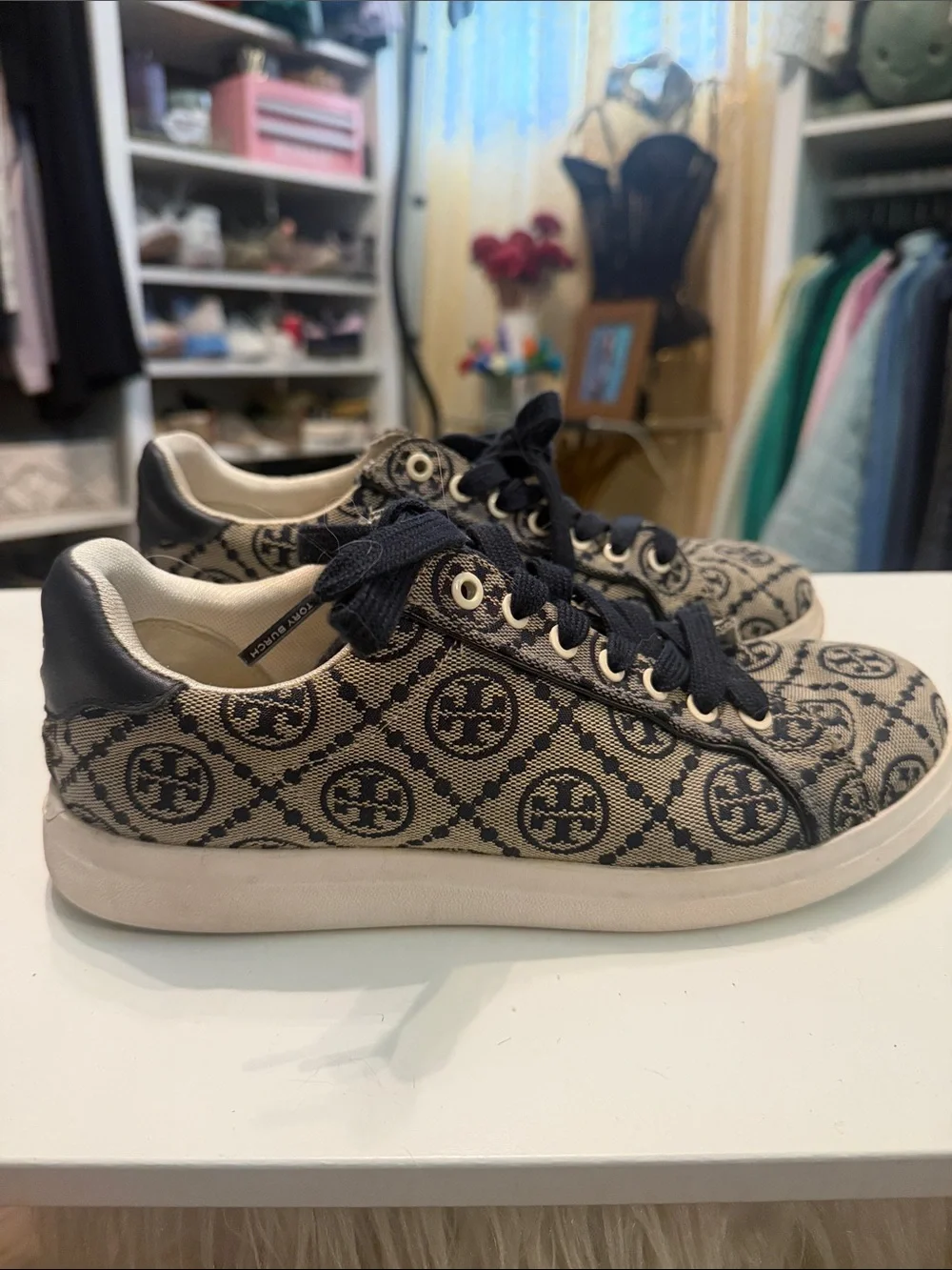 Tory Burch Navy T Monogram Logo Canvas Sneakers